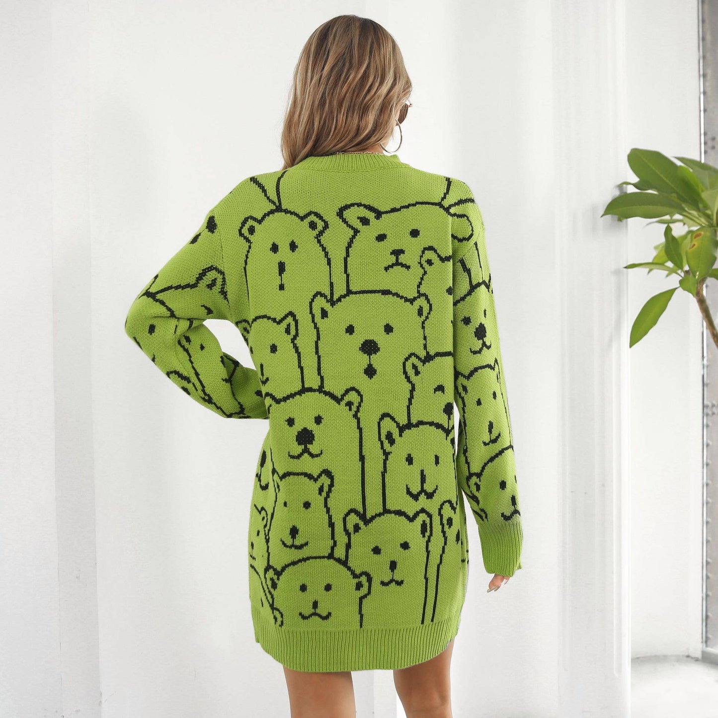 Bear jacquard long-sleeved sweater dress