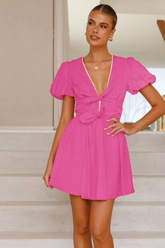 CWDSD7770_SWEET LACE TRIM PUFF SLEEVE V-NECK TIE DRESS