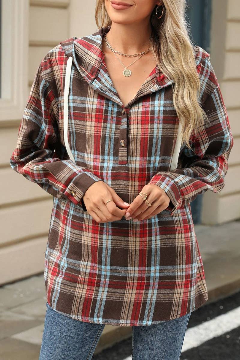 CWTBLL2873_LOOSE-CHECKED HOODED LONG-SLEEVED HOODIE