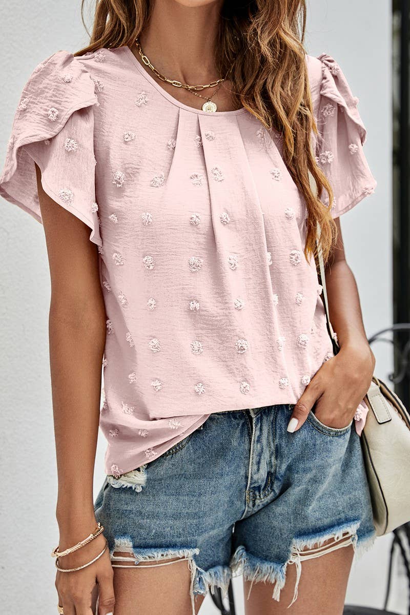 CWTBLS0342_Round neck Short Puff Sleeve Blouse