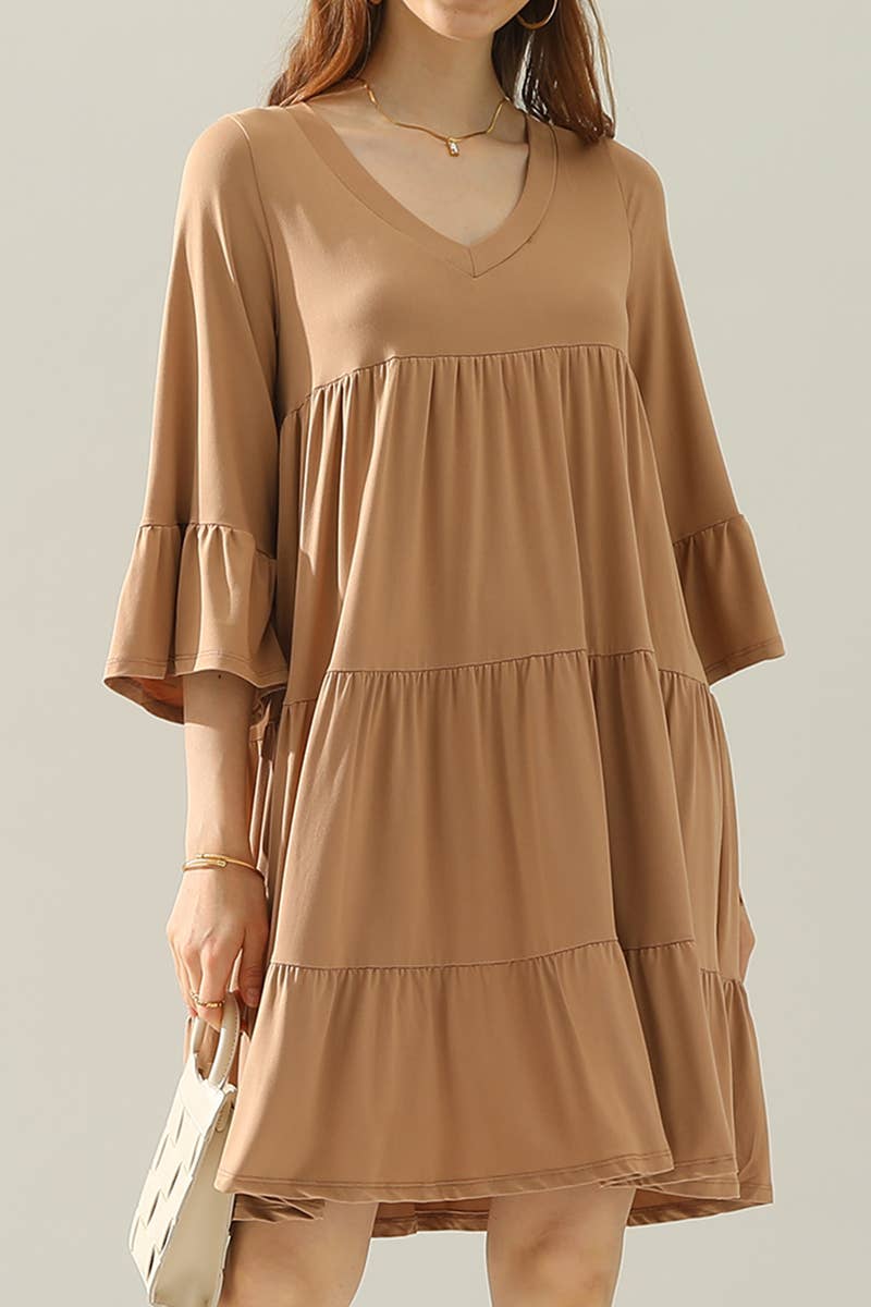 CWDSD10353_V NECK 3 TIERED WITH RUFFLE SLEEVE DRESS