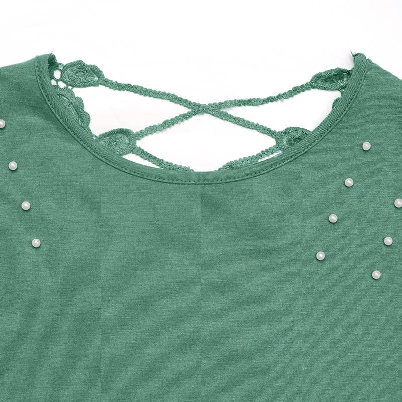 Backless Solid Beaded Round Neck Casual T-Shirt
