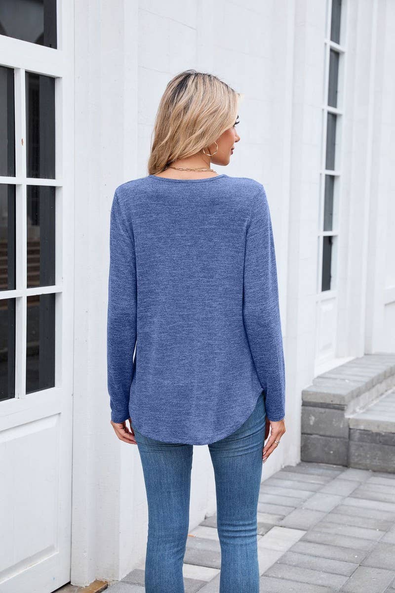 CWTBLL01303_V NECK RUCHED LONG SLEEVE CASUAL LOOSE TEE