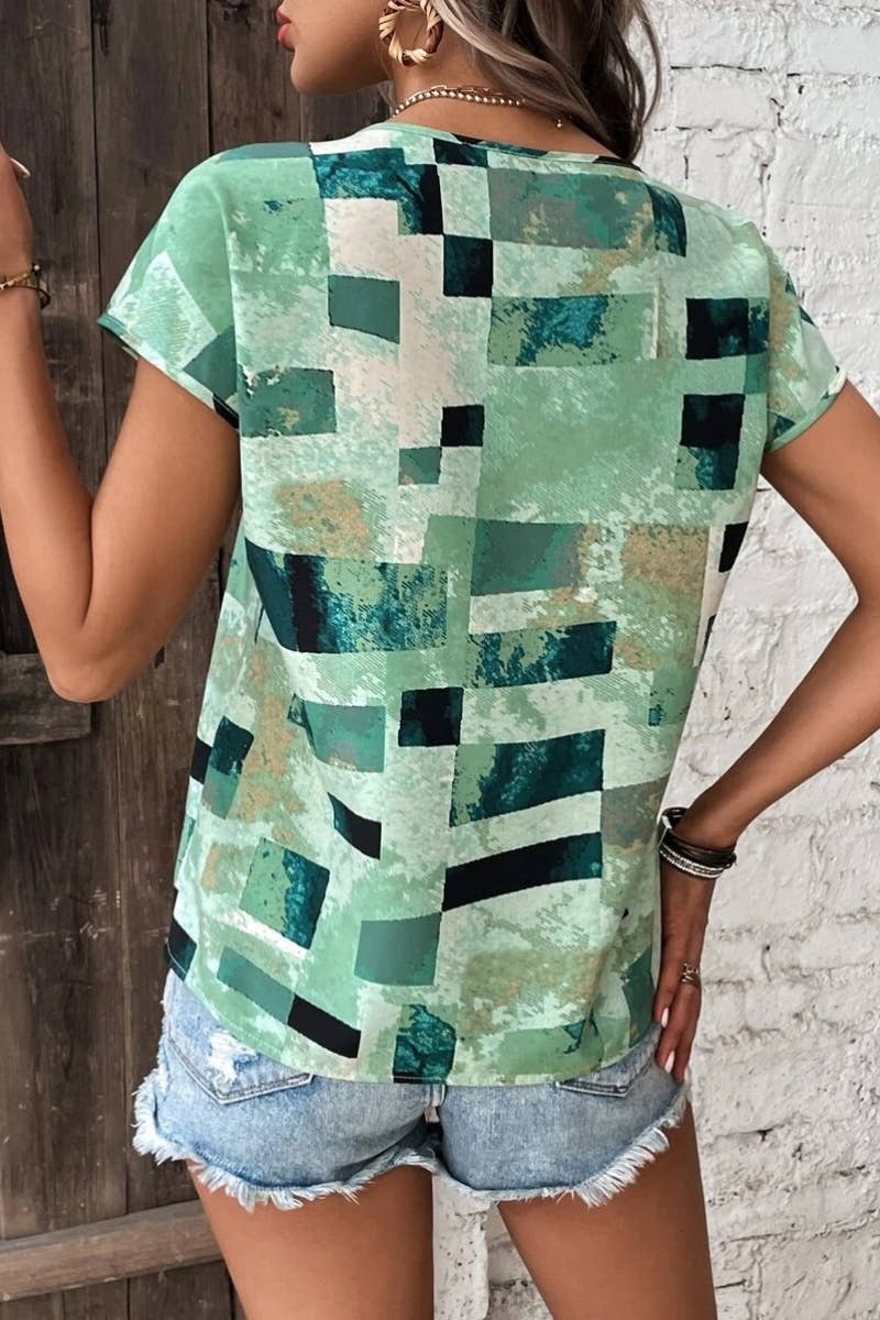 CWTBLS1147_SUMMER GEOMETRIC PATTERN LOOSE SHORT SLEEVE TOP