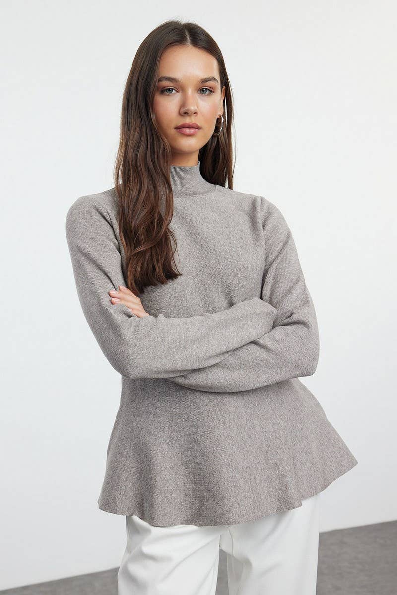 CWOSWL6956_SOLID COLOR HALF-HIGH COLLAR KNITTED SWEATER