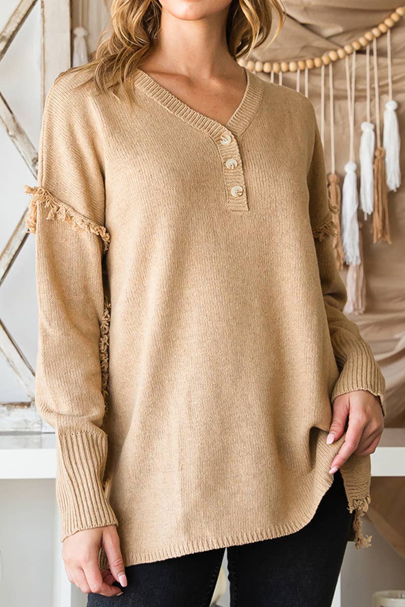 CWOSWL646-P_BUTTON DOWN FRINGE SHOULDER SWEATER KNIT TOP