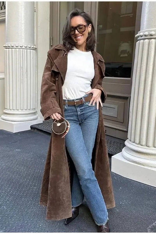 CWOCO1075_DOUBLE BREASTED LAPEL FAUX LEATHER LONG COAT