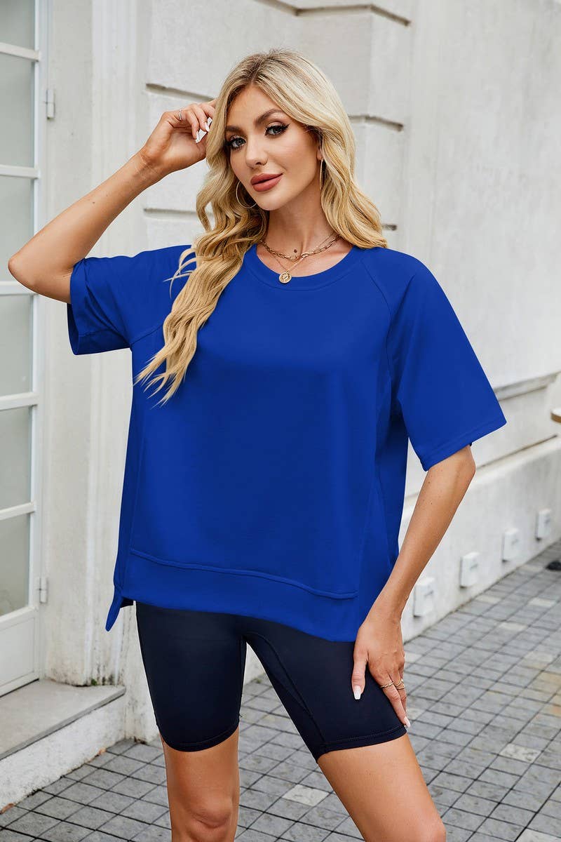 CWTDSS0067_SOLID COLOR THREADED ROUND NECK LOOSE T-SHIRT