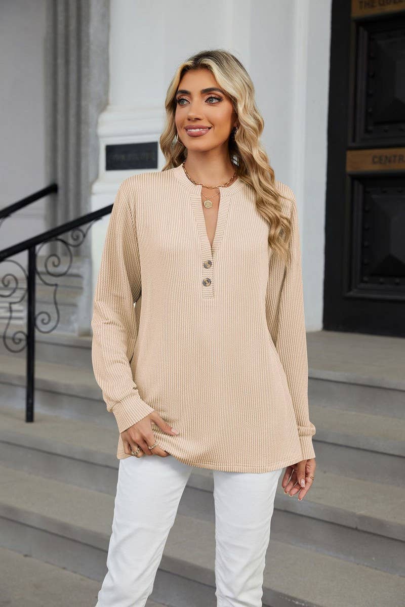 CWTBLL3675_V-NECK BUTTON-DOWN STRIPED WAVY CASUAL TOP