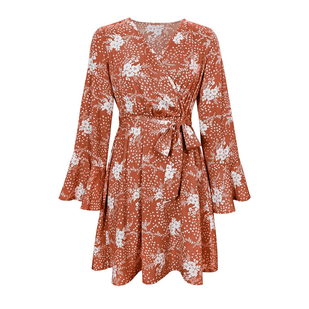 Flared sleeve V-neck printed long-sleeved dress