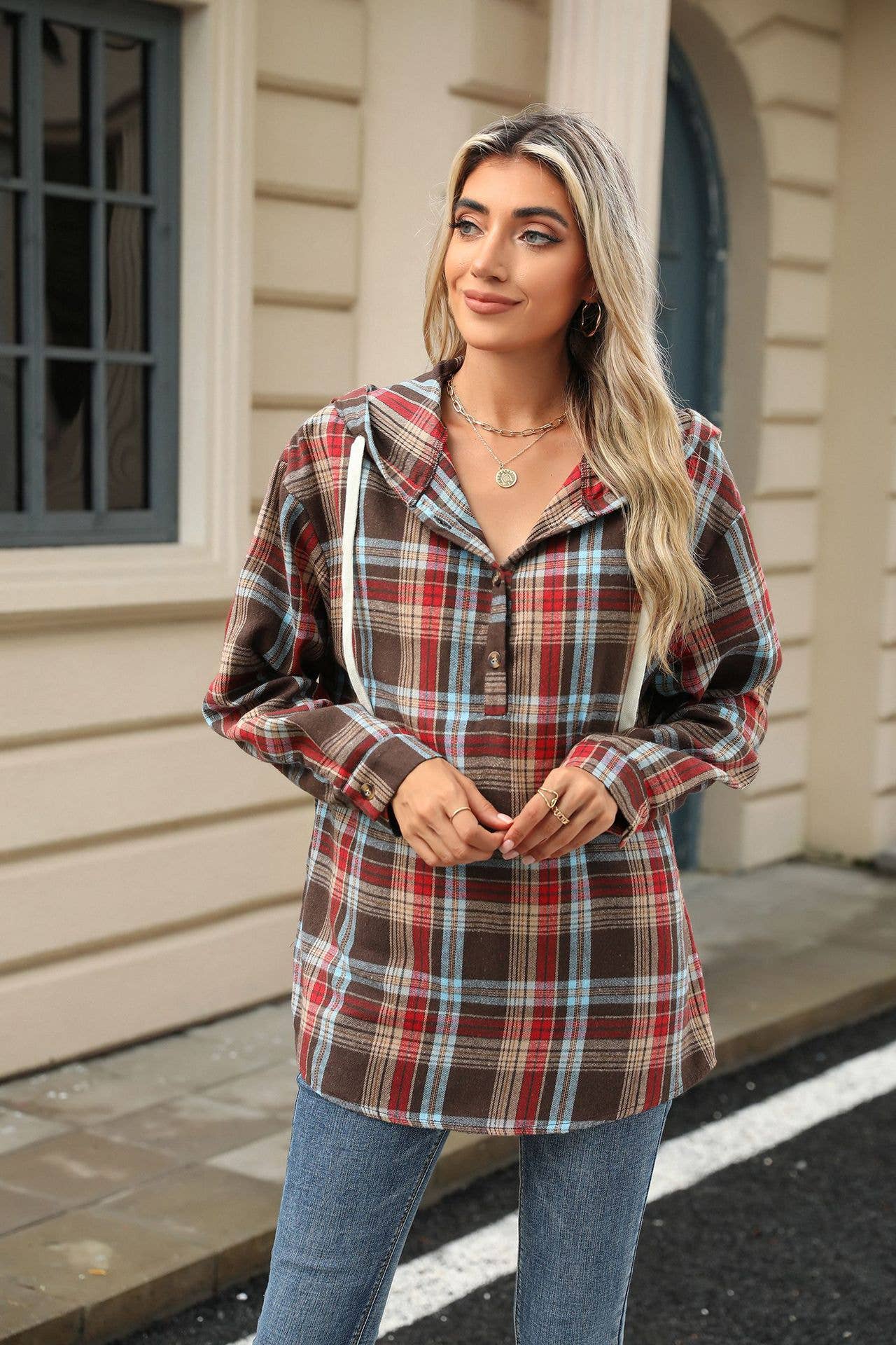 Checked hooded loose long-sleeved sweatshirt