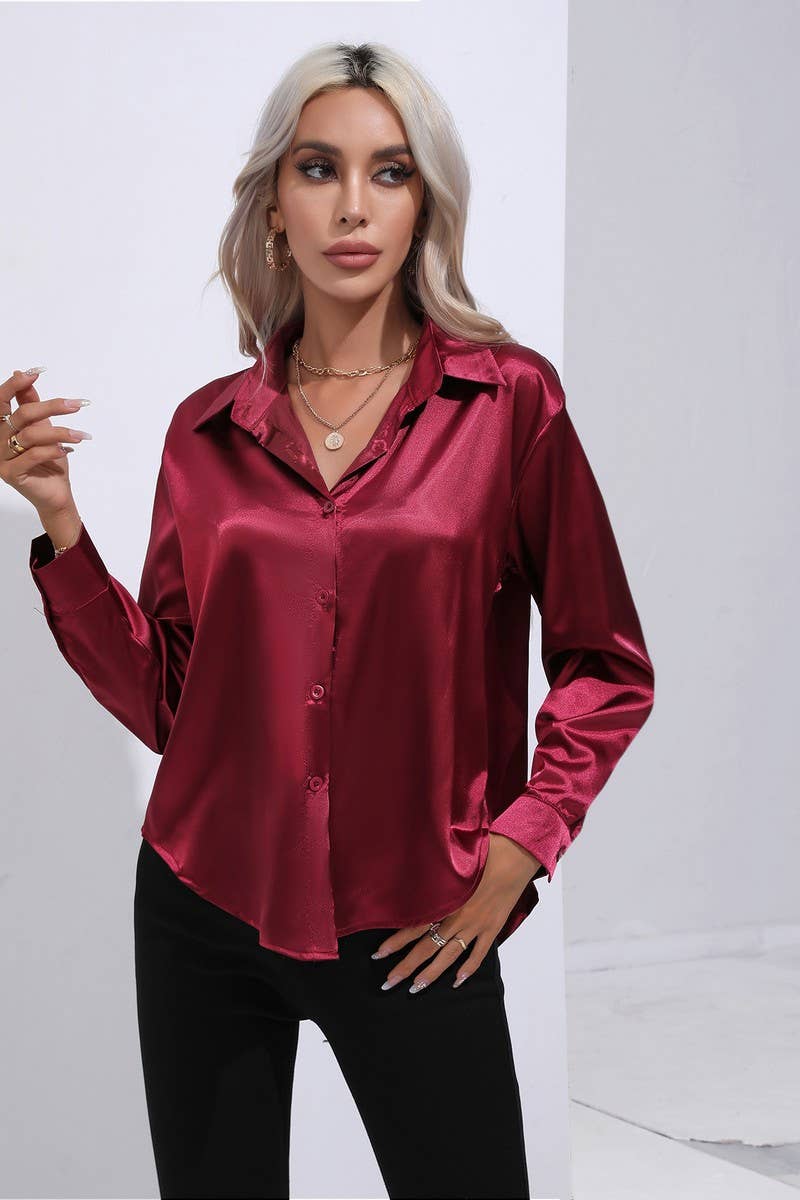 CWTBLL0690_Button Down Silky Satin Long Sleeve Top