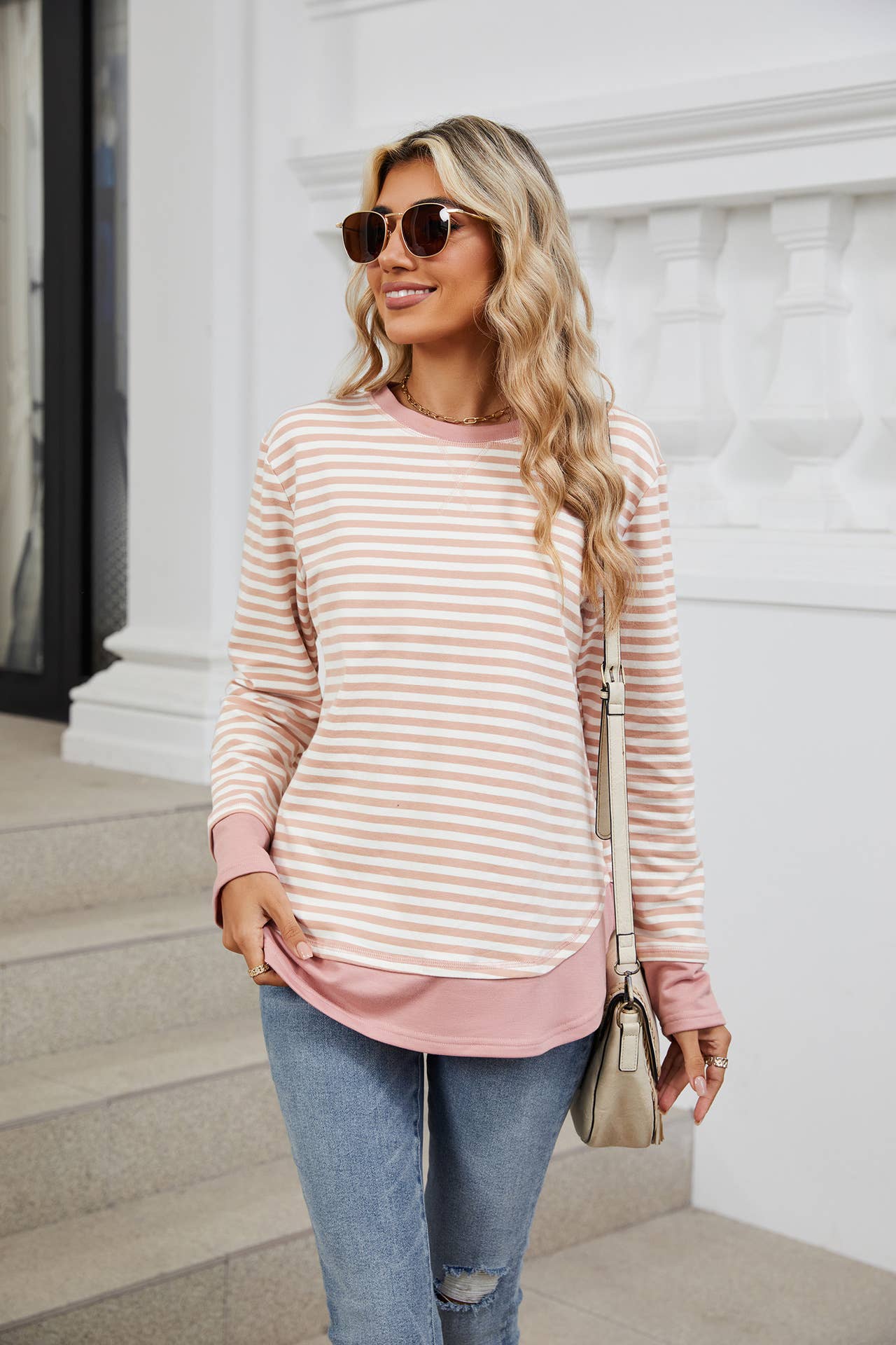 Crew-neck striped long-sleeved hoodie
