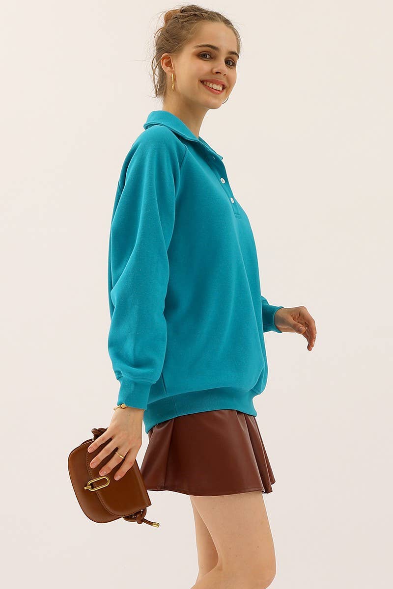 CWTTL906_BUTTON COLLAR RAGLAN LONG SLEEVE CASUAL SWEATSHIRT