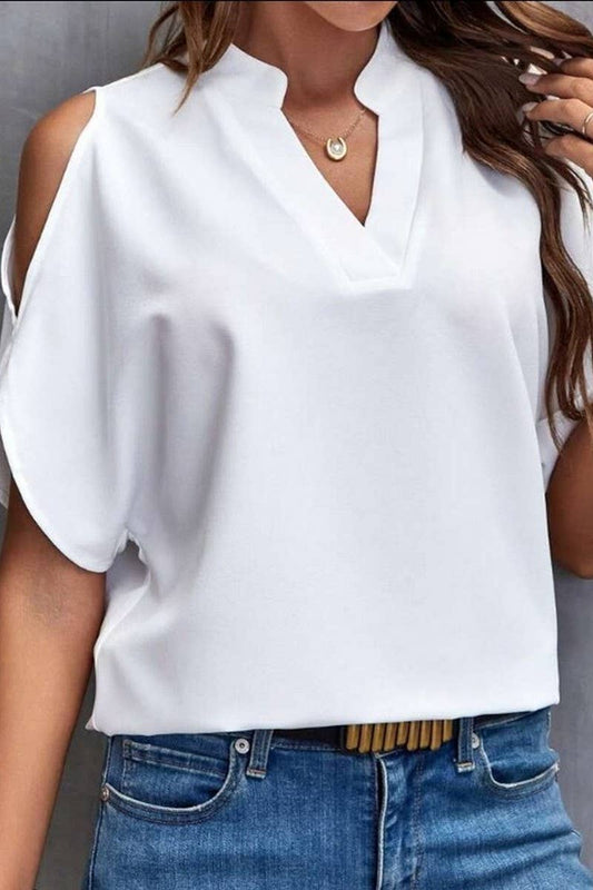 CWTBLS0609_SOLID COLOR V NECK OFF SHOULDER LOOSE CHIFFON TOP