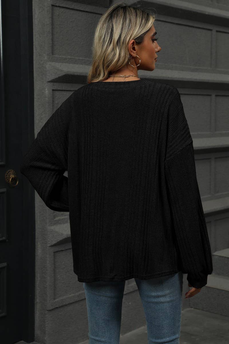 CWOSWL6852_SOLID COLOR V-NECK LOOSE CASUAL LONG-SLEEVED T-SH