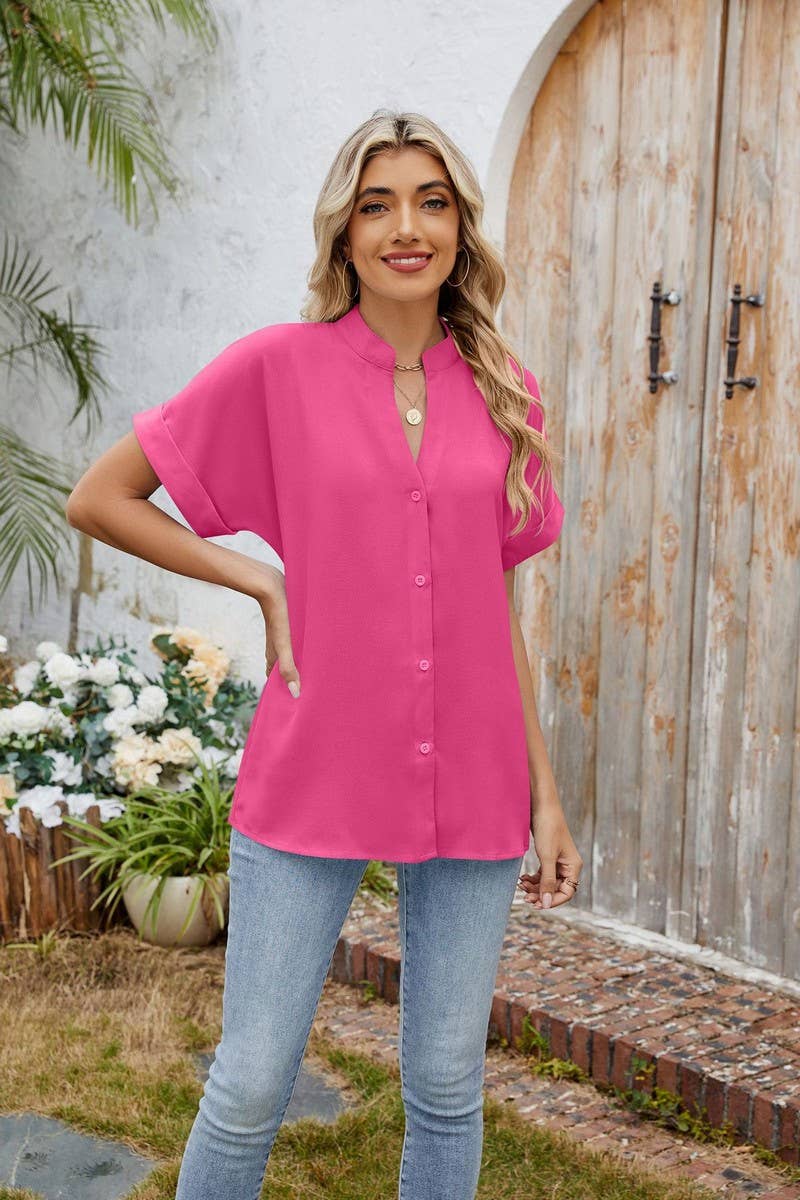 CWTBLS2280_SOLID V-NECK BUTTON DOWN CASUAL SHIRT TEE TOP