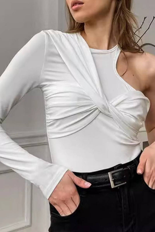 CWTBLL3372_ONE SHOULDER SLIM FIT TWIST WHITE LONG SLEEVE TOP