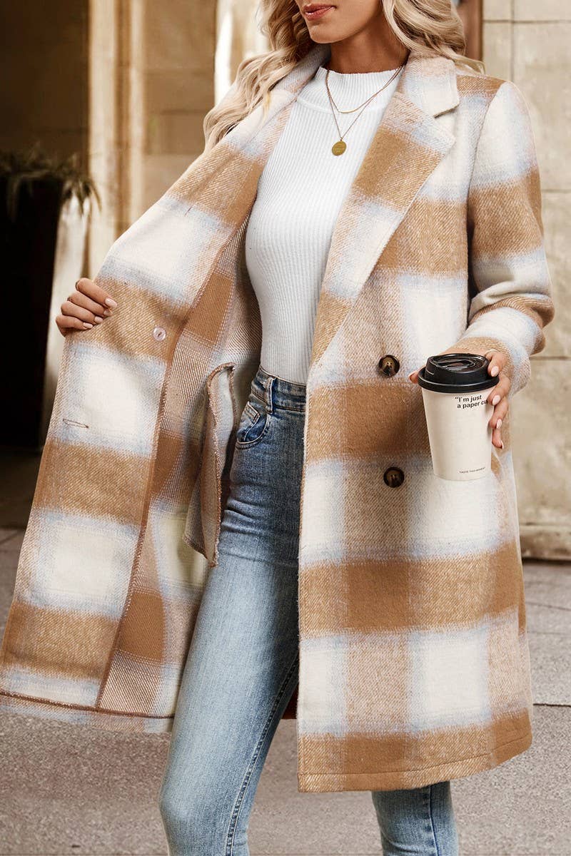 CWOCO00165_CASUAL VINTAGE DOUBLE-BREASTED PLAID BLAZER COAT