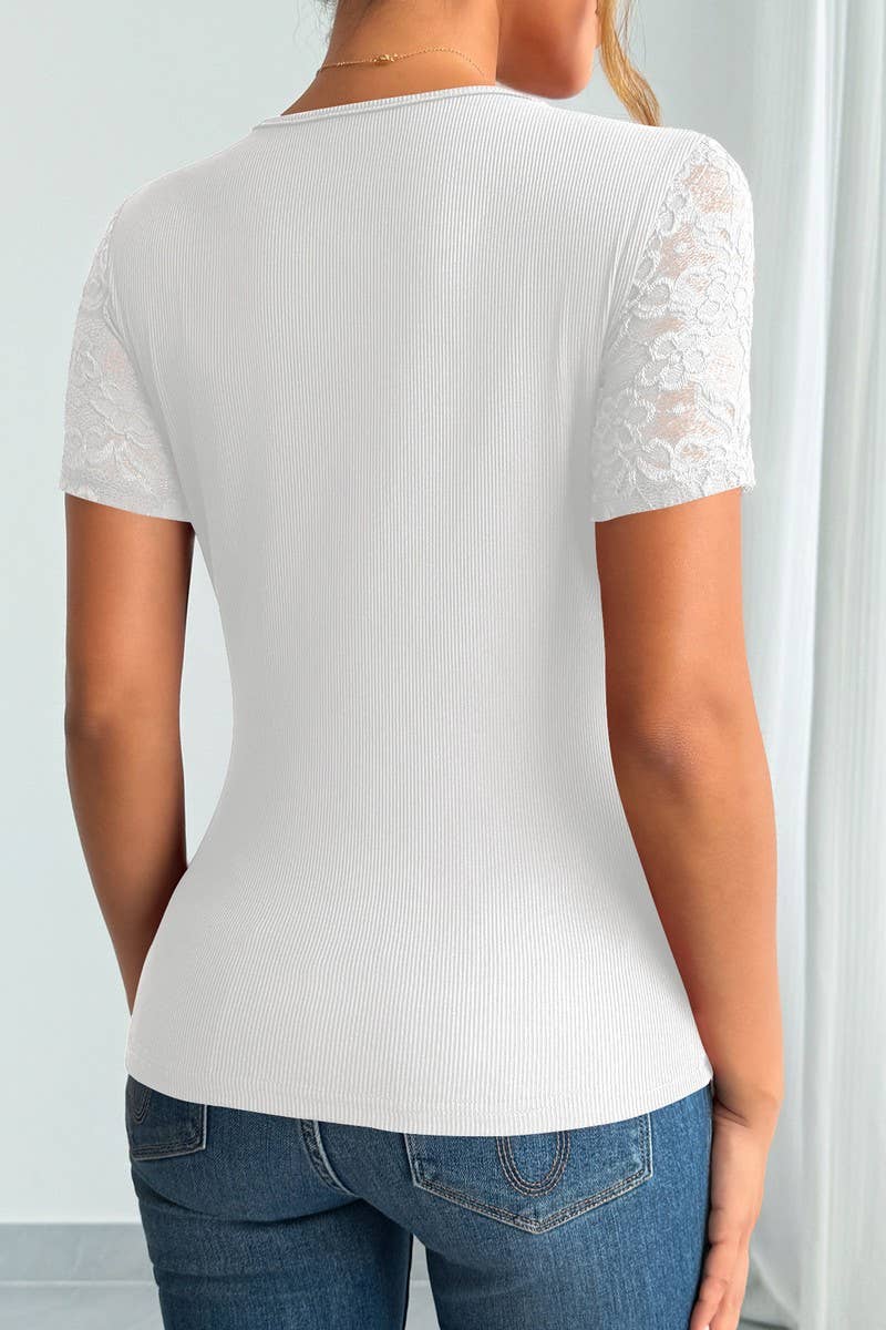 CWTBLS2124_V-NECK LACE PANEL SHORT SLEEVE TOP