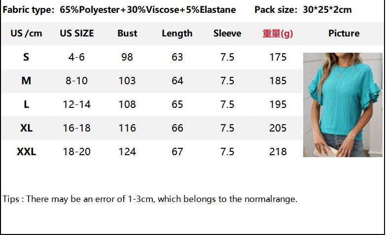 CWTBLS1719_ROUND NECK RUFFLE SLEEVE SHORT SLEEVE T-SHIRT TOP