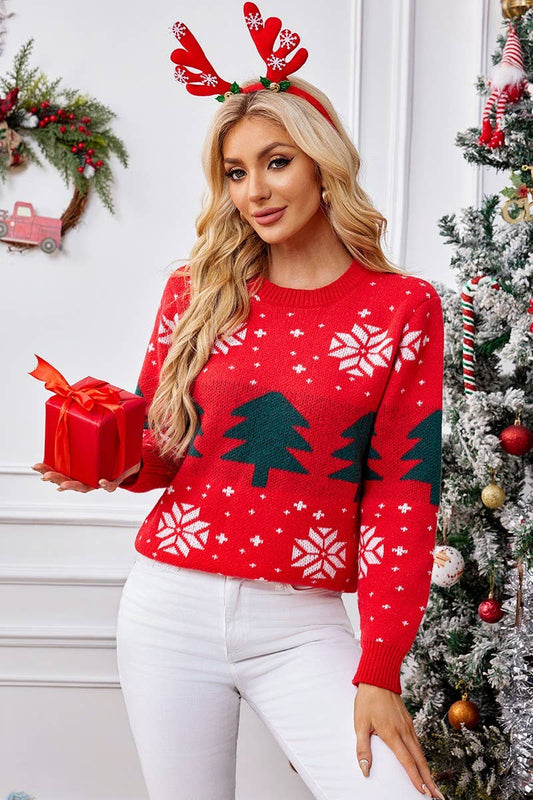 CWOSWL2425_CHRISTMAS TREE JACQUARD CHRISTMAS  KNIT SWEATER