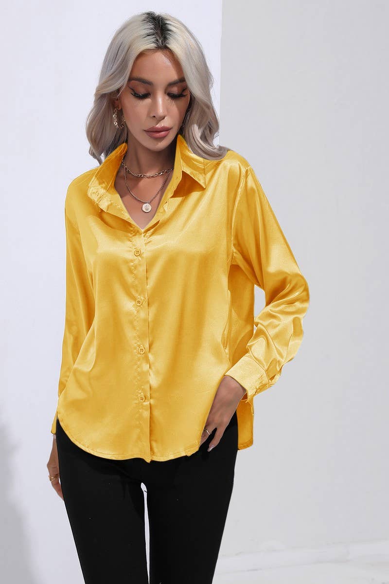 CWTBLL0690_Button Down Silky Satin Long Sleeve Top