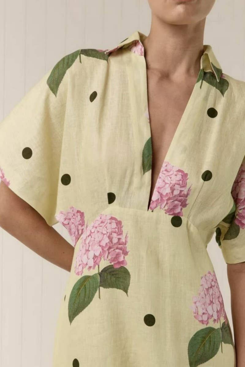 CWDMD6032_V-NECK STYLISH PRINTED WAIST TIE MAXI DRESS