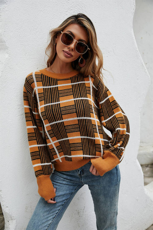 Crew-neck plaid pullover long-sleeved sweater