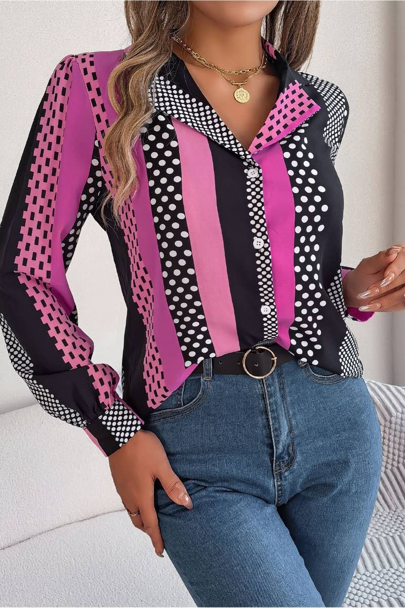 CWTSTL2129_AUTUMN POLKA DOT STRIPED LONG-SLEEVED SHIRT TOP