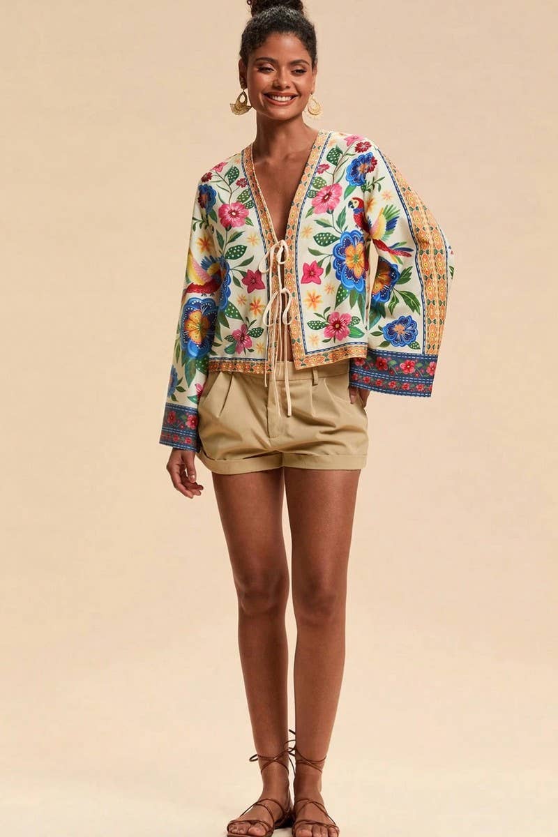 CWTBLL00636_CASUAL PRINTED TIE FRONT VACATION CARDIGAN TOP