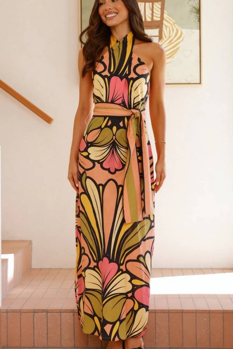 CWDHL0998_SUMMER PRINT HALTER NECK TIE BACKLESS MAXI DRESS