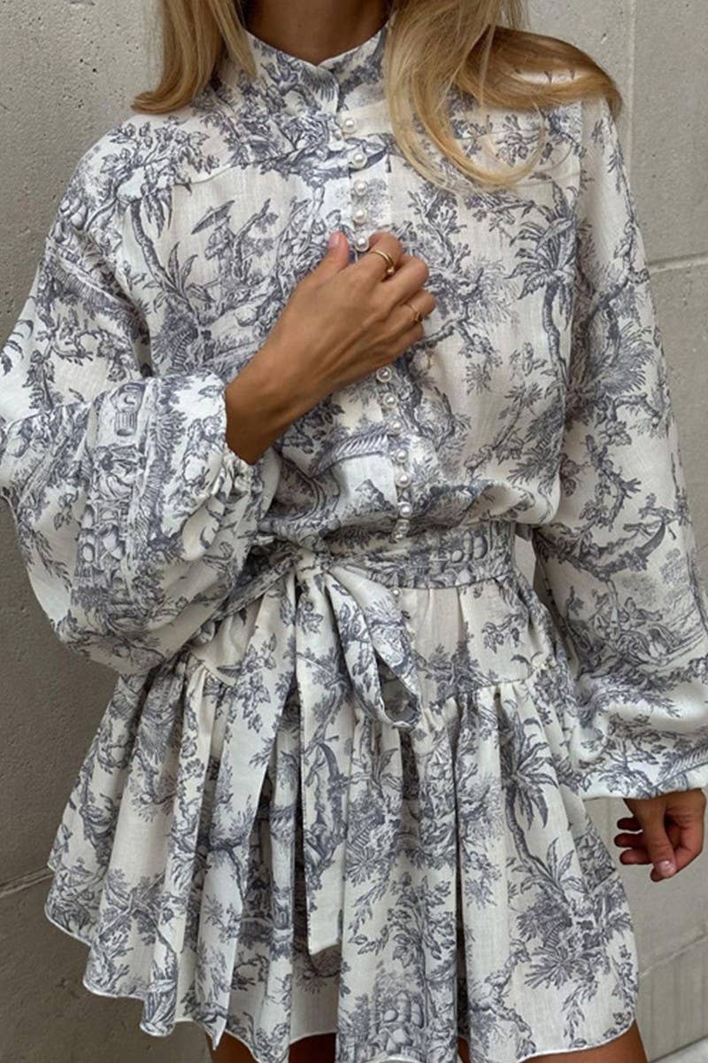 CWDSD7783_INK PRINT LONG SLEEVE STAND COLLAR DRESS