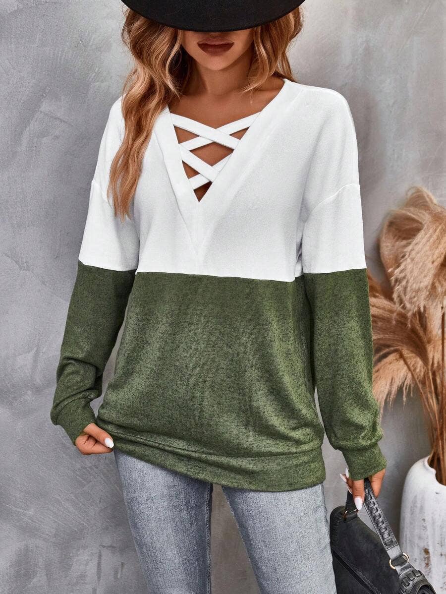Cross-v-neck color-blocking off-the-shoulder Top