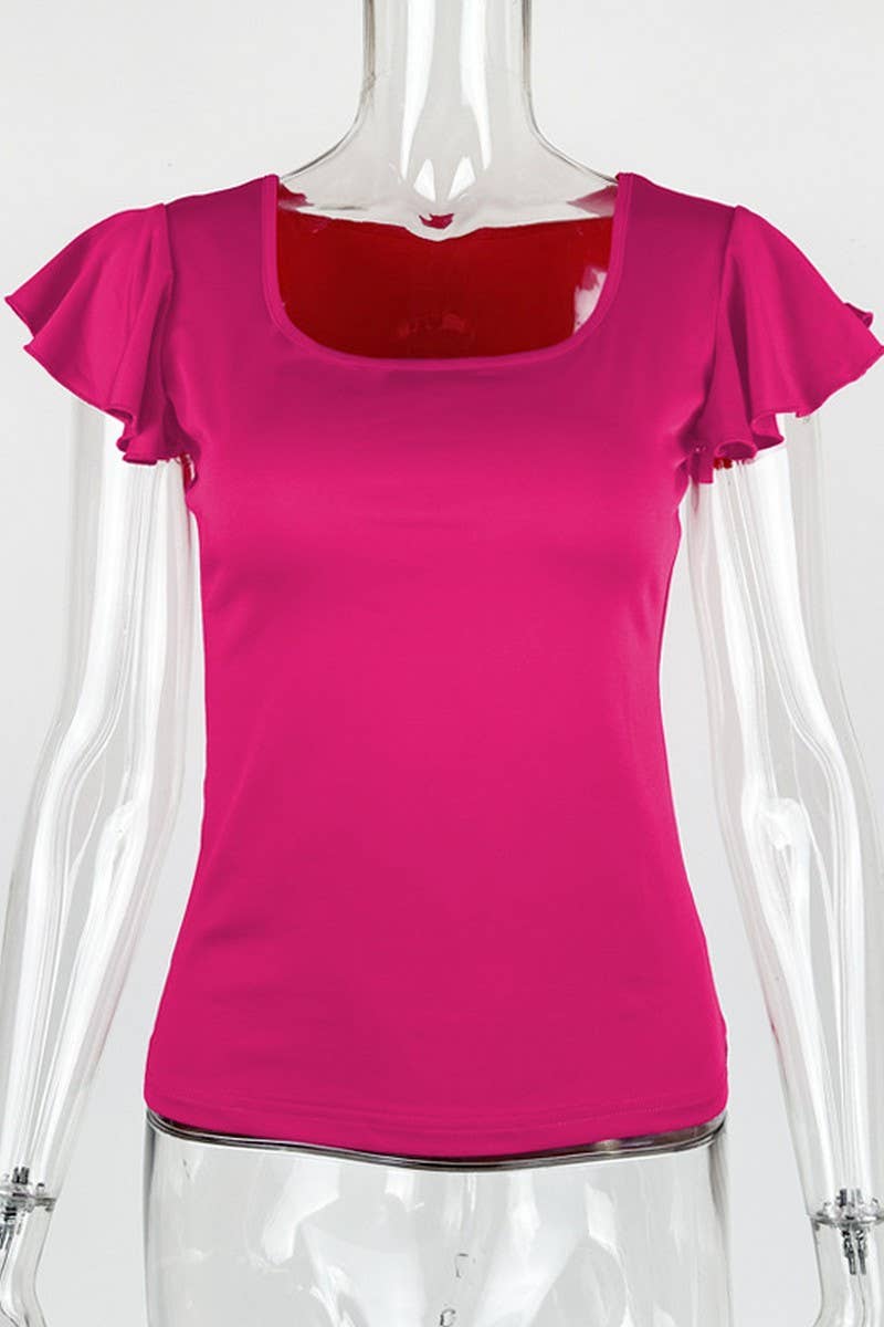 CWTBLS1910_RUFFLE SLEEVE SQUARE NECK SLIM FIT SUMMER TOP