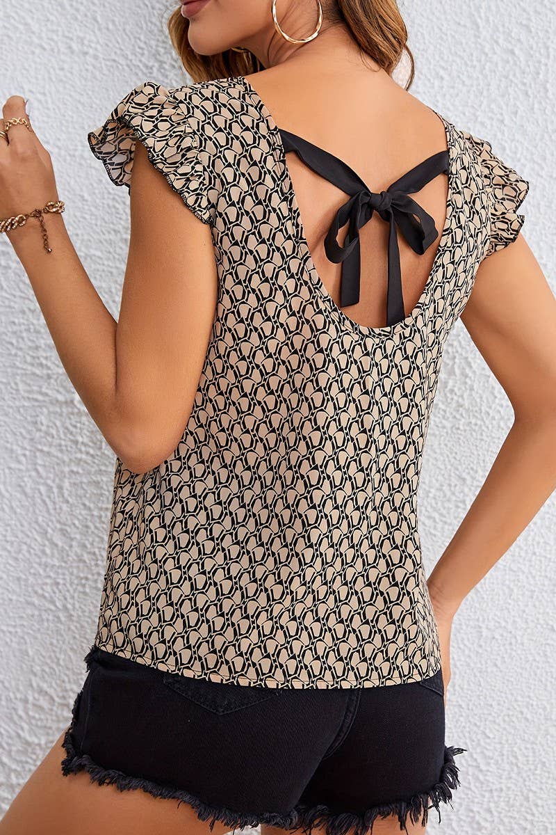 CWTBLSL0823_FLORAL RUFFLE SLEEVE TIE NECK PULLOVER BLOUSE