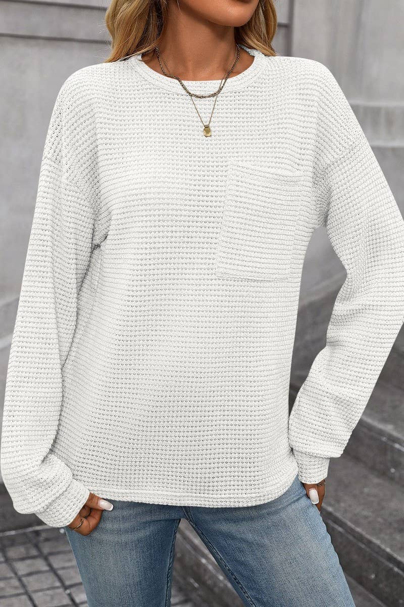CWTBLL1821_WAFFLE SOLID COLOR ROUND NECK POCKET LOOSE TOP