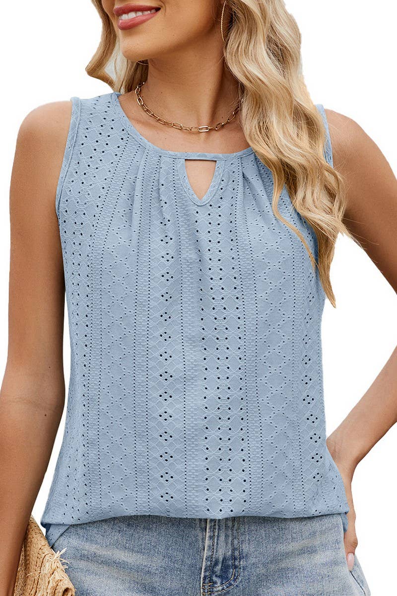 CWTBLSL0679_ROUND NECK CUTOUT PLEATED SLEEVELESS T-SHIRT TOP