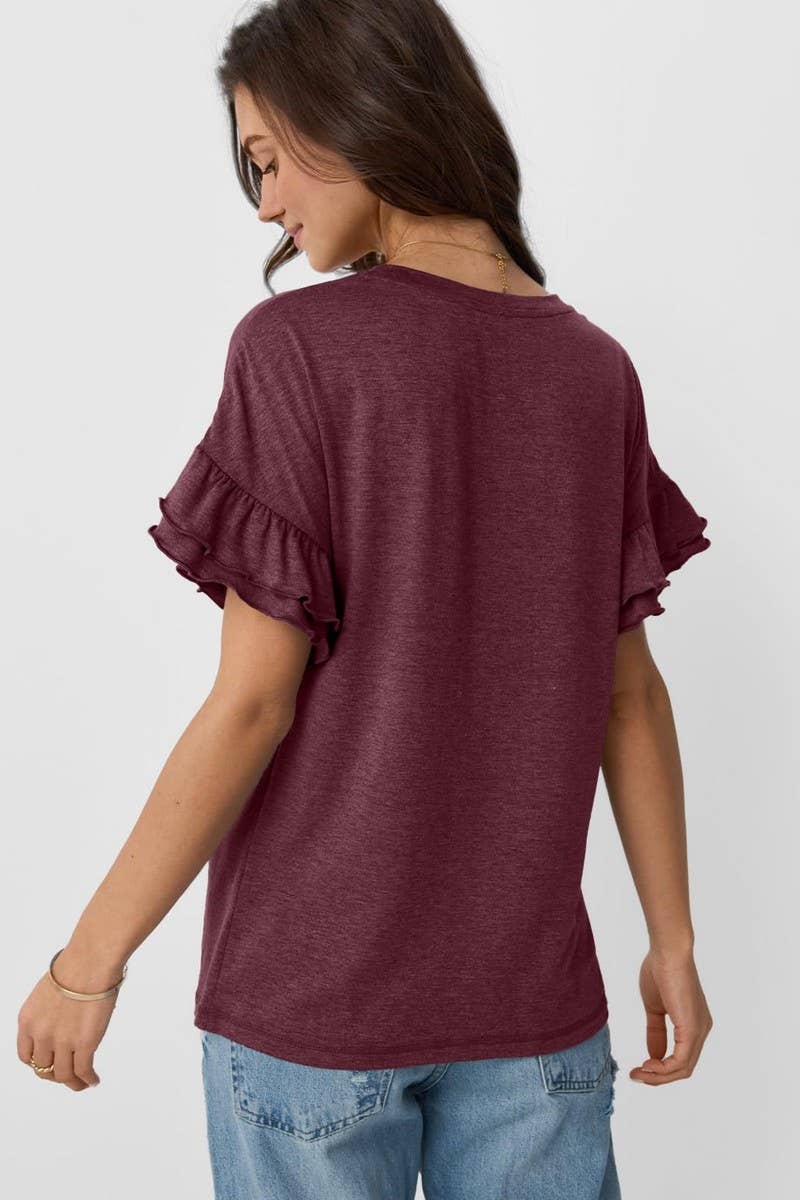 CWTBLS1620_SOLID COLOR ROUND NECK RUFFLE SLEEVE TOP