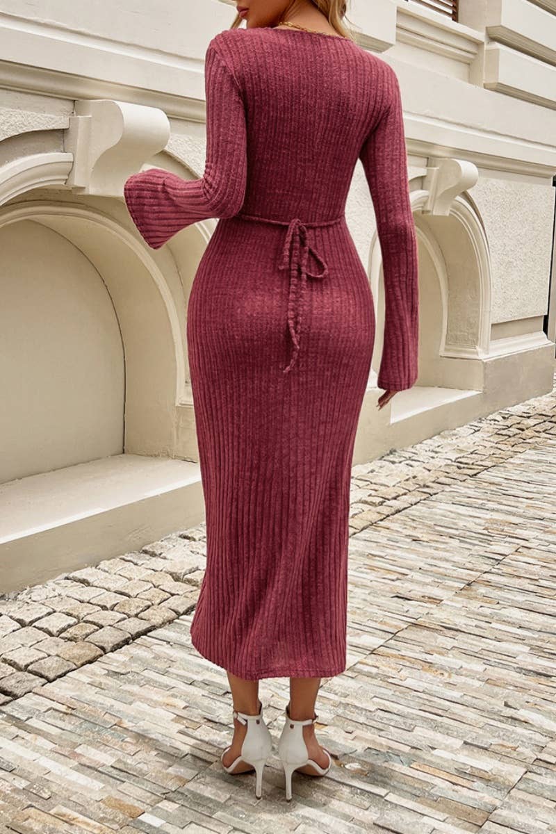 CWDMD3617_V-NECK FANNY PACK HIP SWEATER DRESS LONG