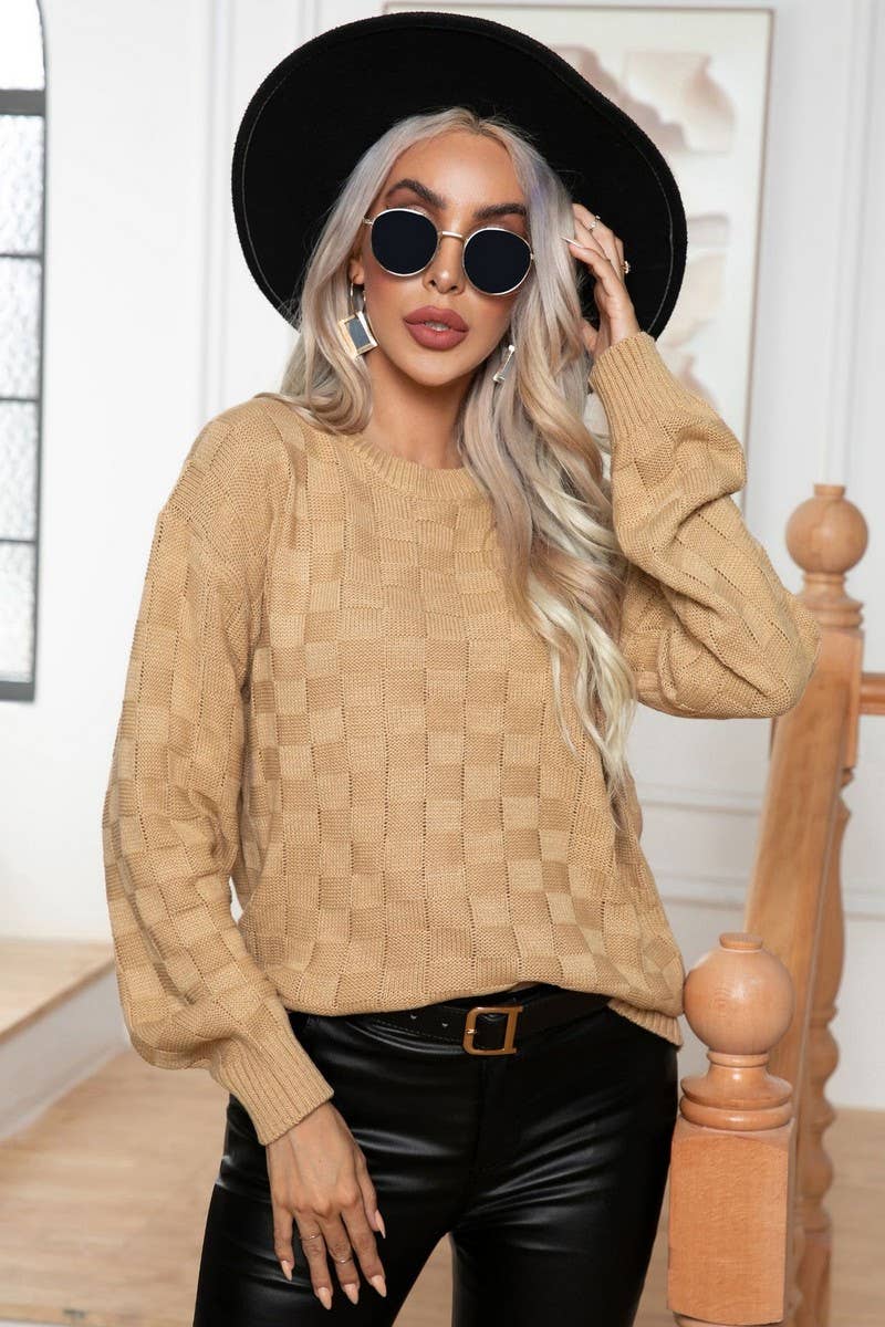 CWOSWL3874_3D PLAID LONG SLEEVE KNITTED PULLOVER SWEATER