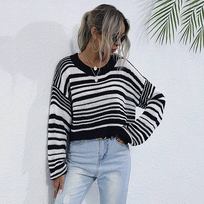 CREW NECK SWEATER SHORT STRIPED COLOR SWEATER