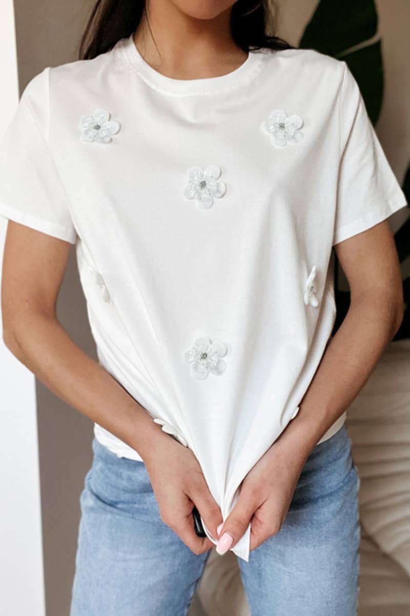 CWTBLS1328_SUMMER CREW NECK SHORT SLEEVE FLOWER TOP