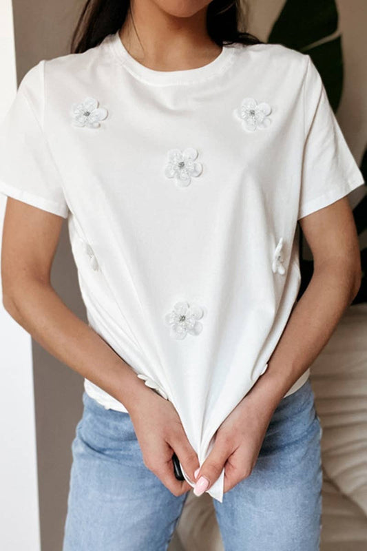 CWTBLS1328_SUMMER CREW NECK SHORT SLEEVE FLOWER TOP