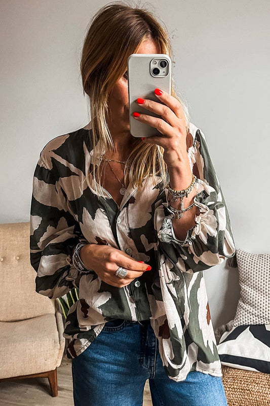 COMMUTER LOOSE V-NECK VINTAGE FLORAL PRINT SHIRT