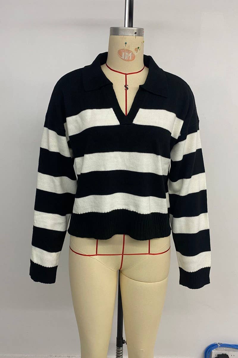 CWOSWL6822_NEW AUTUMN LONG-SLEEVED LAPEL STRIPED SWEATER
