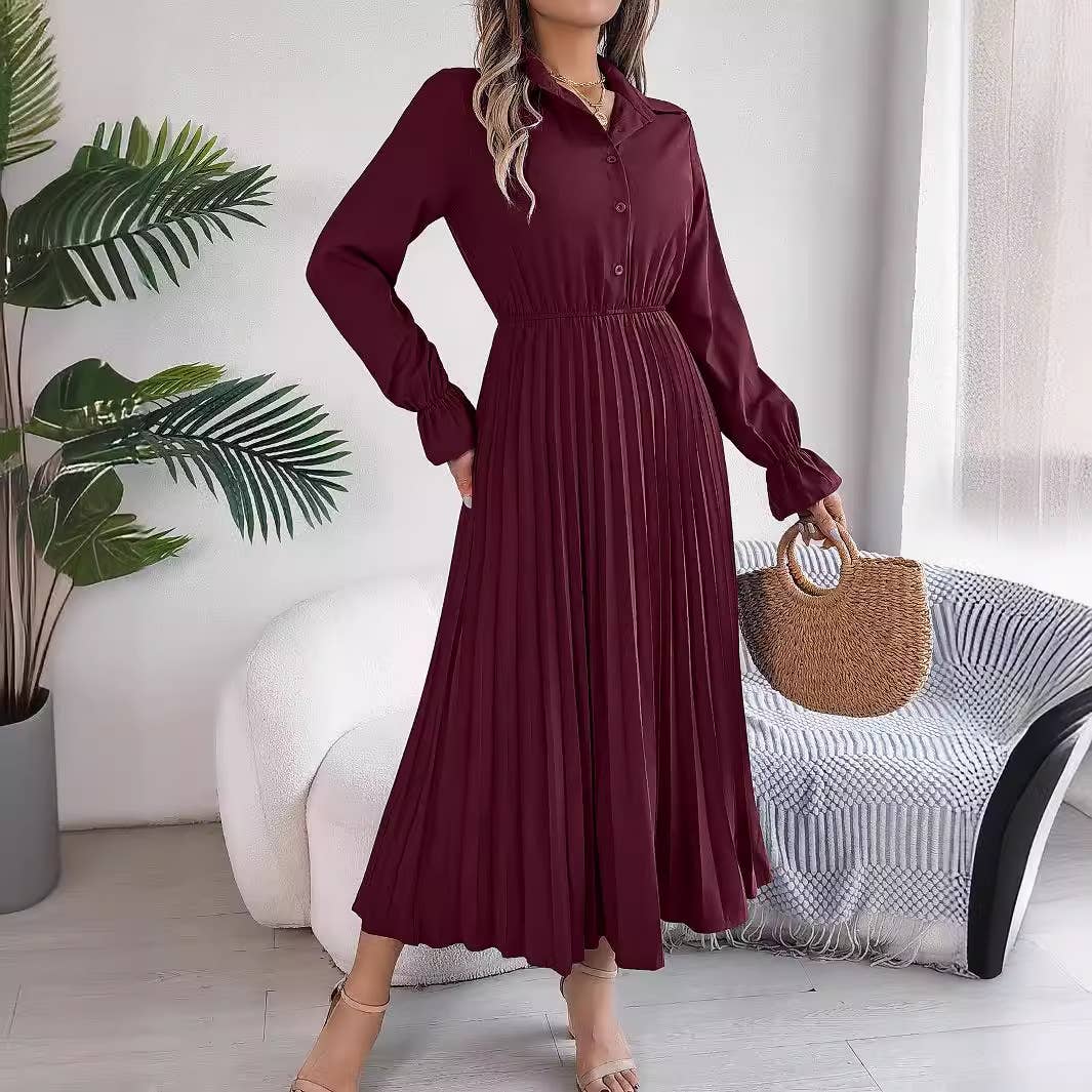 CASUAL LAPEL BUTTON WAIST PLEATED LONG DRESS