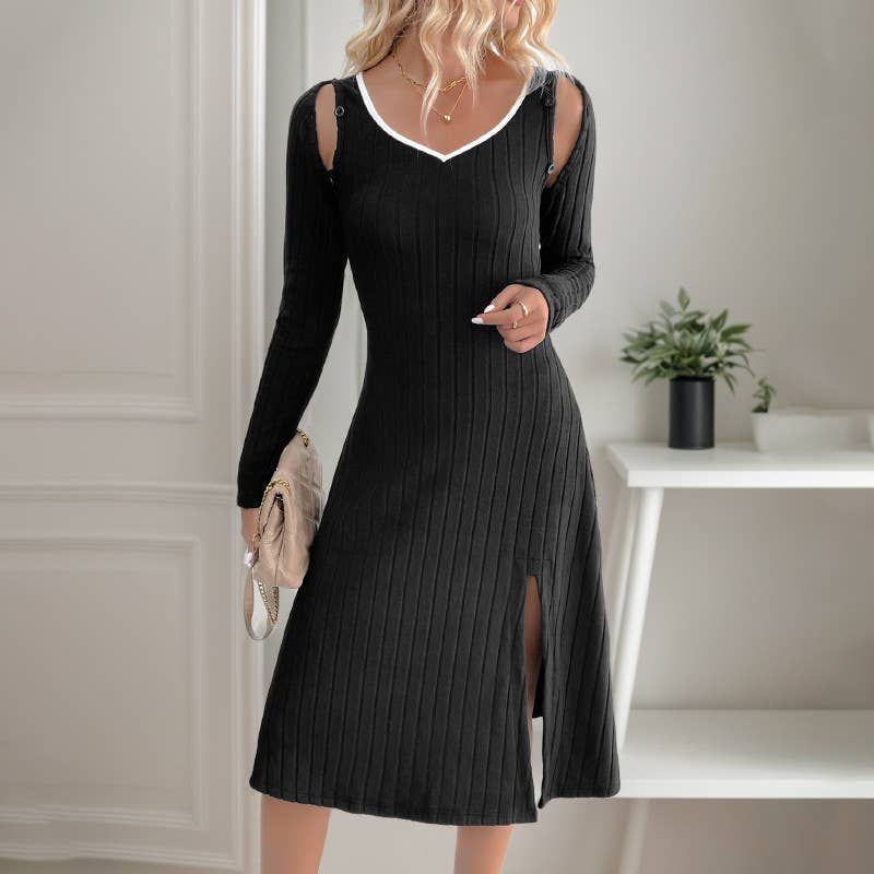 Detachable long-sleeved fitted halter slit dress