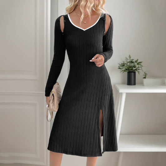 Detachable long-sleeved fitted halter slit dress