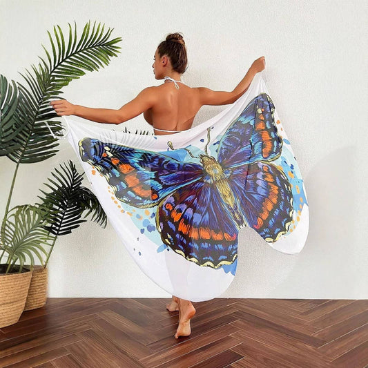 Butterfly Print Beach Cover-Up Dress, Asymmetrical_CWBLS0476